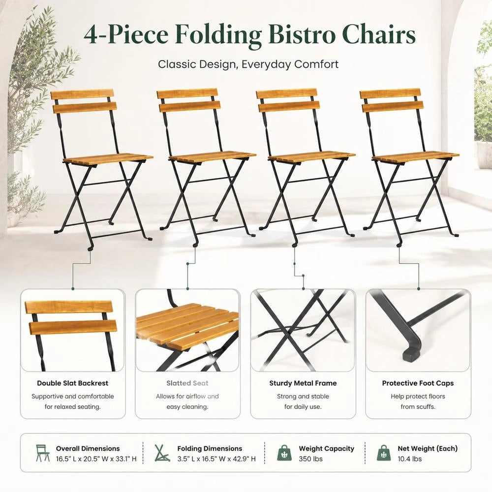 Folding Bistro Chairs, Set Of 4, Made Of Solid Acacia Wood