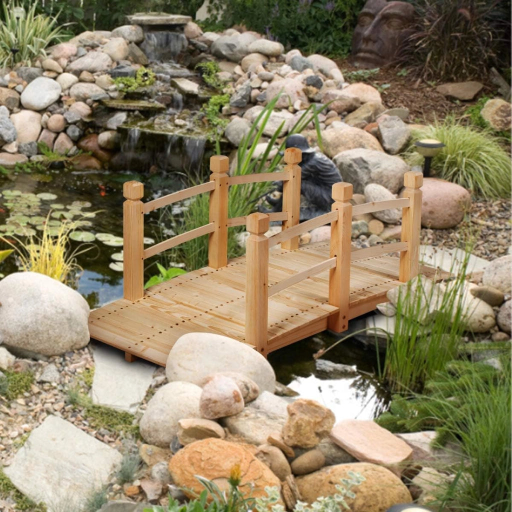Ponte in Legno per Giardino, Ponte Decorativo con Ringhiera, 150 x 67 x 55cm (Legno Chiaro)