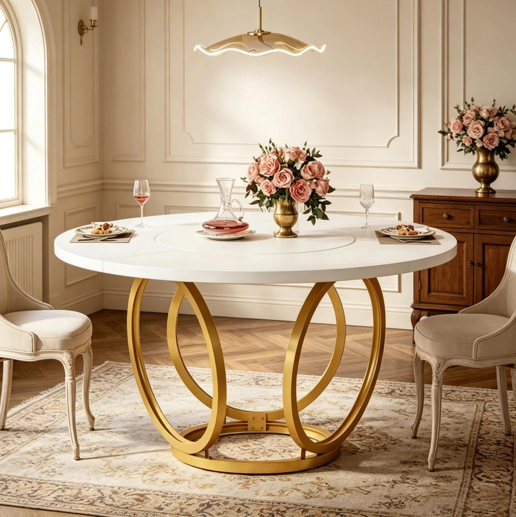 Tavolo da pranzo rotondo 120 cm bianco e oro