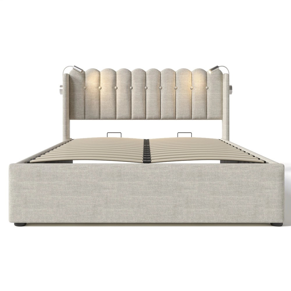 Letto Imbottito Matrimoniale con Contenitore e Luce LED ¨C MINIMAL ¨C Tessuto Naturale 160x200 con Doghe
