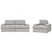 Set da salotto in tessuto grigio chiaro imbottito a 4 posti con poltrona, schienale imbottito, divano classico per il soggiorno.