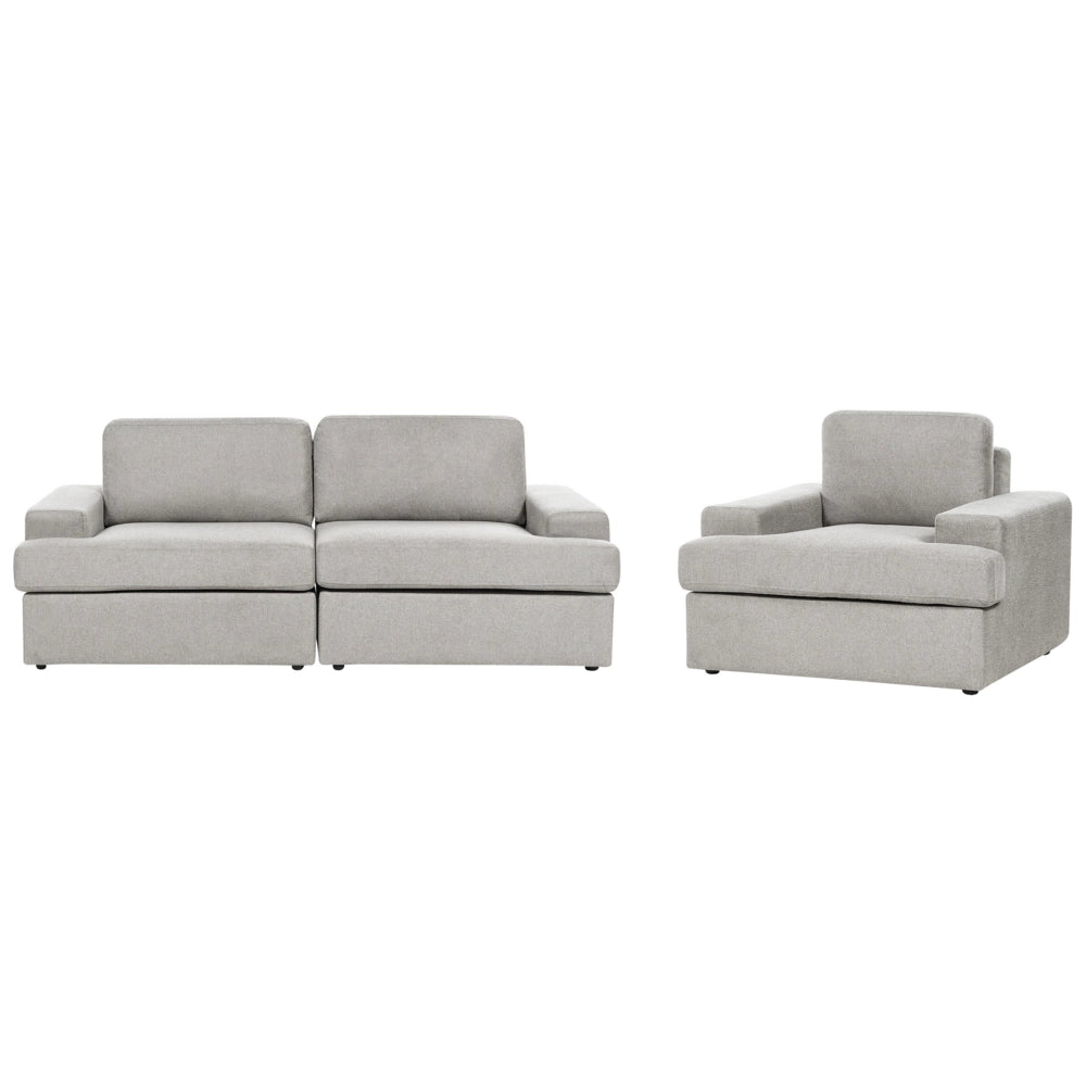 Set da salotto in tessuto grigio chiaro imbottito a 4 posti con poltrona, schienale imbottito, divano classico per il soggiorno.