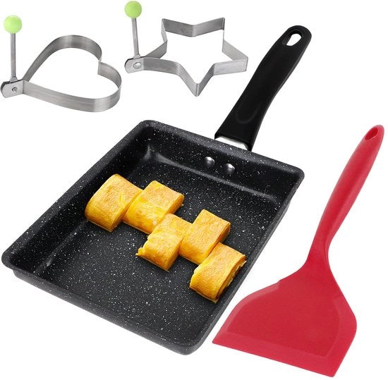 Padella per uova mini - Non-stick padella per tamagoyaki - Inclusa spatola e anelli per uova