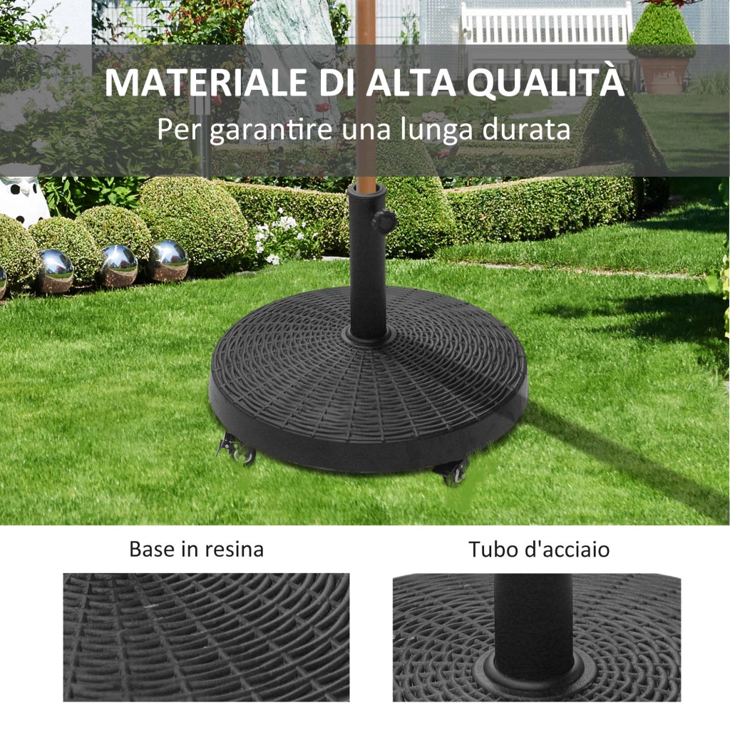 Base per Ombrellone da Giardino Rotonda a 4 Ruote con Freni. Base Ombrellone in Metallo e Resina. per Pali di Ombrelloni da ?38/48 mm. ?52x41 cm. Nero