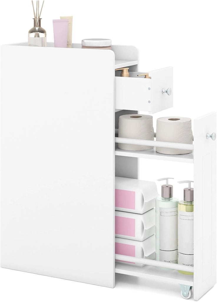 Mobile da Bagno Piccolo, Mobiletto Salvaspazio Stretto a 4 Ripiani con Cassetti Estraibili su Ruote, Credenza Sottile da Terra Porta Carta Igienica per Spazi Ridotti (Bianco)