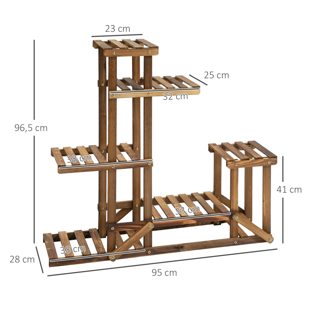 Portavaso in legno massello a 6 ripiani, finitura carbonizzata, 98x28x96,5 cm, per giardino e balcone.