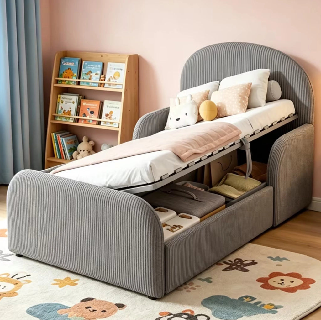 Letto imbottito 90x200 cm con contenitore idraulico; testiera alta in velluto grigio
