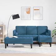 Divano da giardino  con panca e cuscini in velluto blu a forma di L