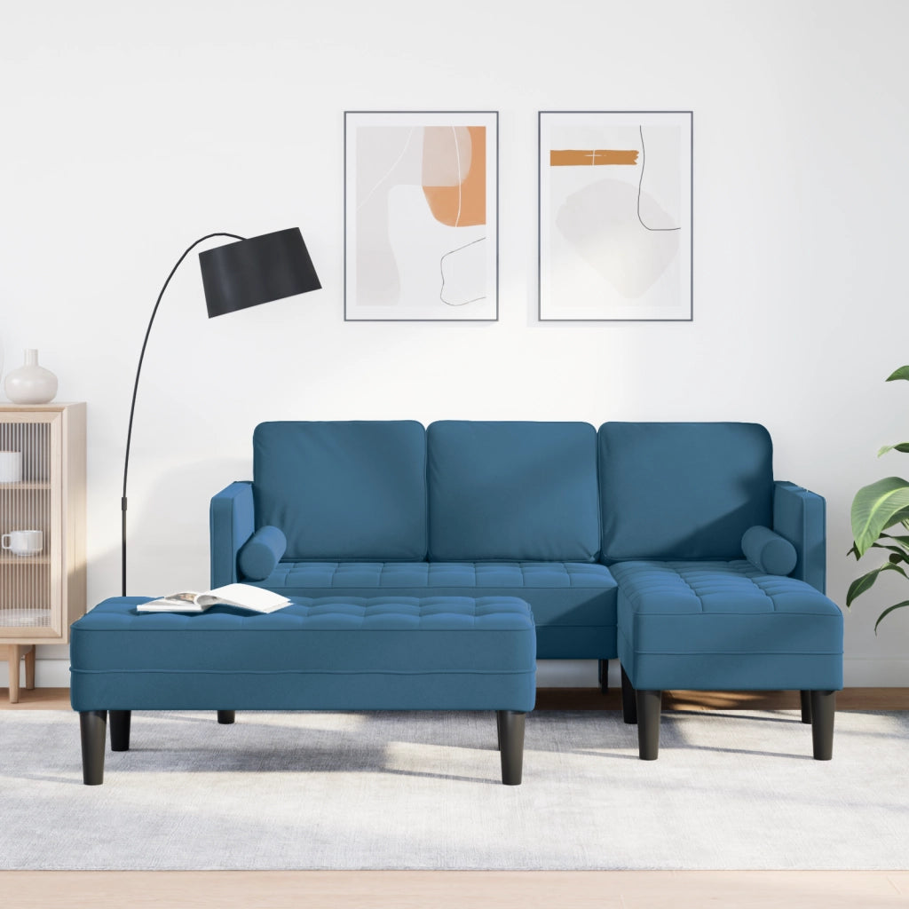 Divano da giardino  con panca e cuscini in velluto blu a forma di L