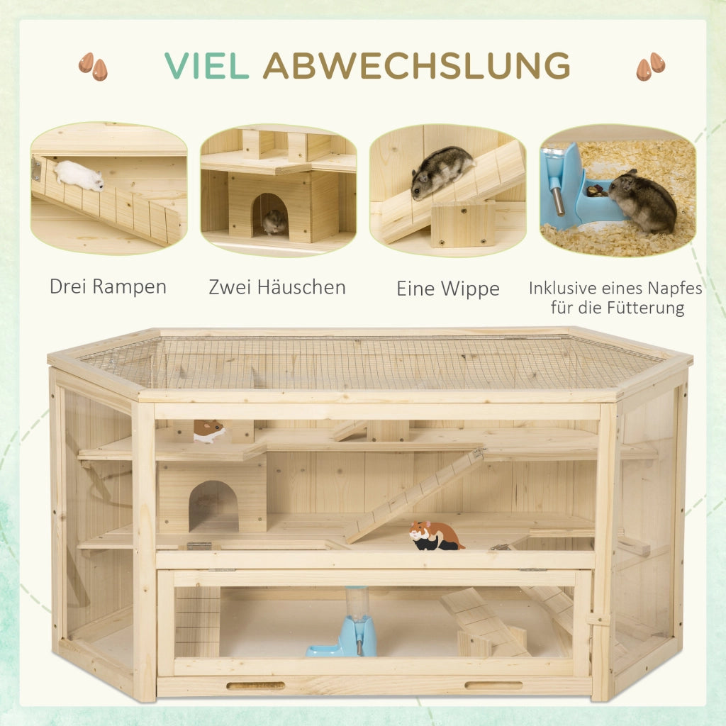 Scaffale a tre livelli con tetto apribile per piccoli animali in legno facile da pulire marrone naturale 115 × 60 × 55 cm