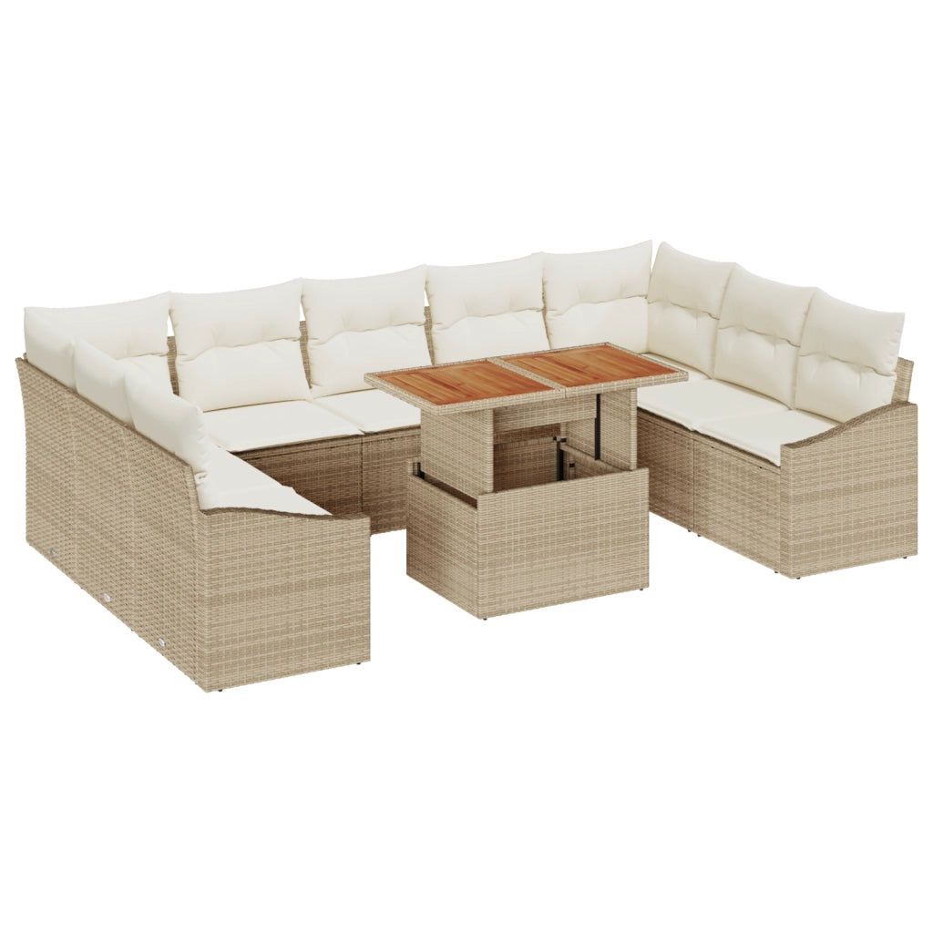 Set Divano da Giardino di 10 pezzi con Cuscini Beige Rattan Sintetico