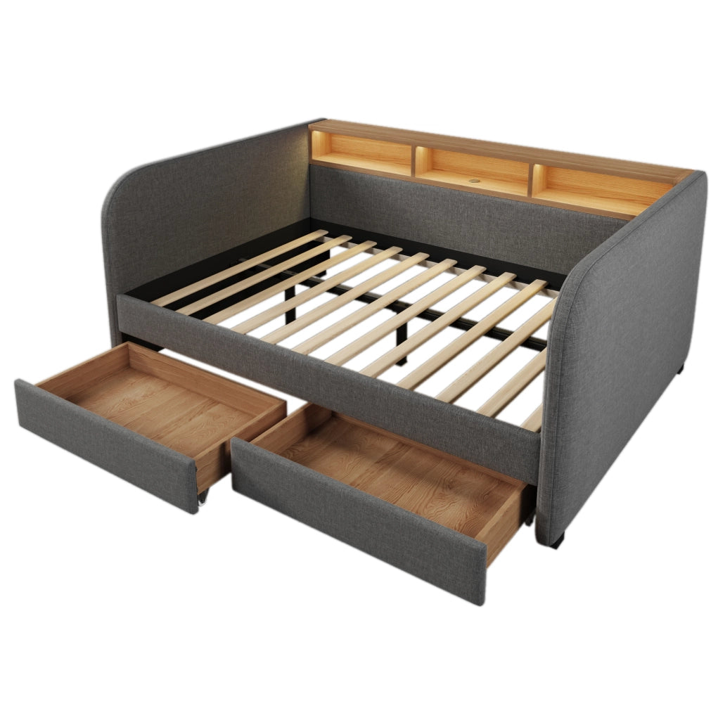 Letto imbottito 140x190 cm con LED, USB-C, 2 cassetti e rivestimento in lino grigio