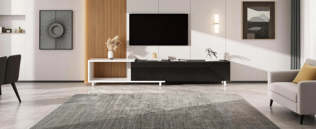 Cassettiera per TV nera e bianca in MDF e truciolare lunghezza 258 cm