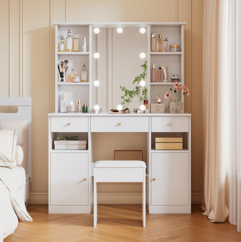 Tavolo da trucco 110x40x151 cm con specchio e luci LED regolabili; 3 cassetti e 2 ante; bianco