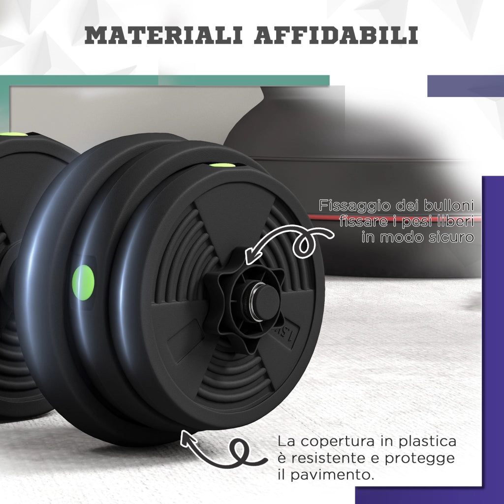 Set 2 in 1 con 2 Manubri Convertibili in Bilanciere Peso Totale 25 kg e Dischi Pesi Regolabili Nero