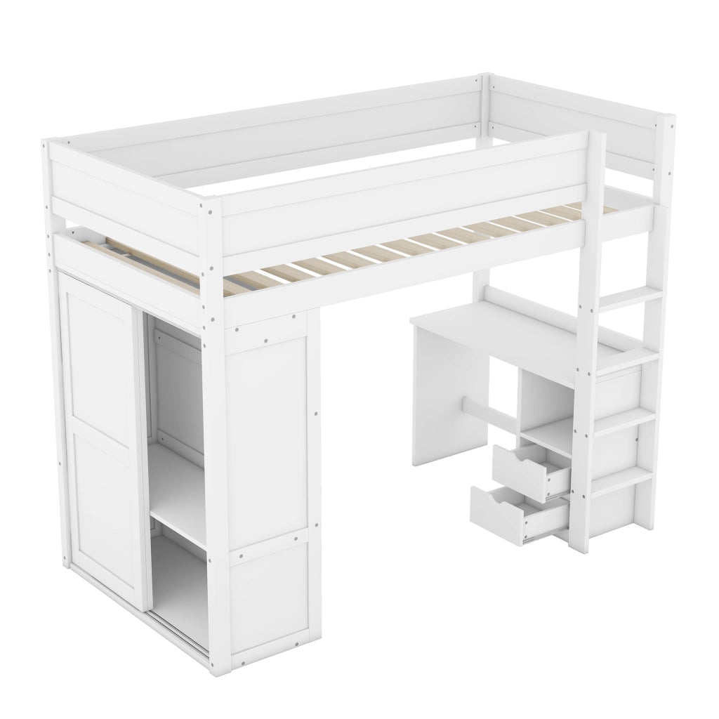 OKWISH Letto a Soppalco 90×200 cm, Letto Singolo con Armadio, Scrivania e 2 Cassetti, senza Materasso, in Pino e MDF, Bianco