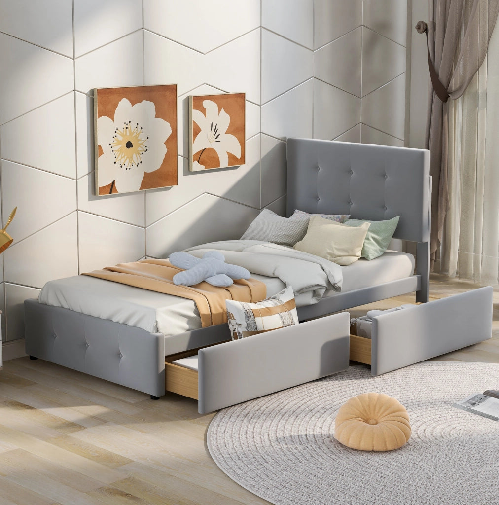 Letto imbottito 90x200 cm con cassetto; rete a doghe; velluto grigio (Senza materasso)