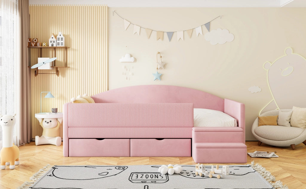 DESMIU Lit simple 90 × 190 cm con 2 cassetti, sponde di sicurezza e gradini, senza materasso, in velluto, rosa
