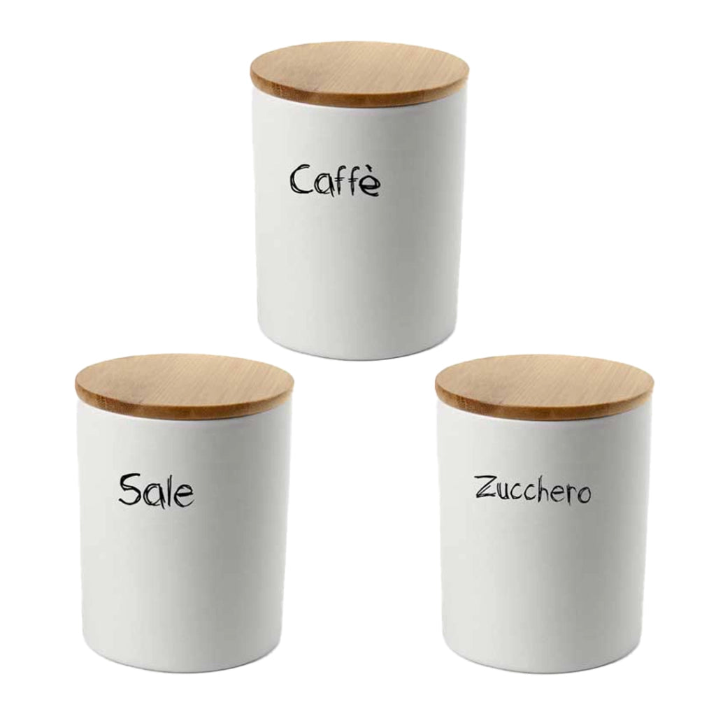 MAURY'S TRIS BARATTOLI PER ZUCCHERO TONDI 10X13 CM CON TOP IN LEGNO E CHIUSURA ERMETICA AD INCASTRO