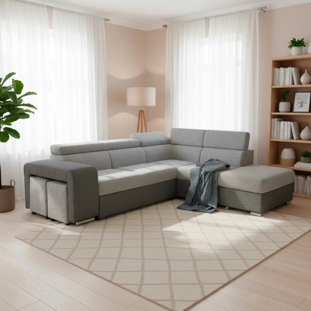 Divano Letto Angolare Sophie con Penisola Destra, 2 Pouf Estraibili e Pouf Contenitore – grigio e Grigio Chiaro