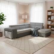 Divano Letto Angolare Sophie con Penisola Destra, 2 Pouf Estraibili e Pouf Contenitore – grigio e Grigio Chiaro