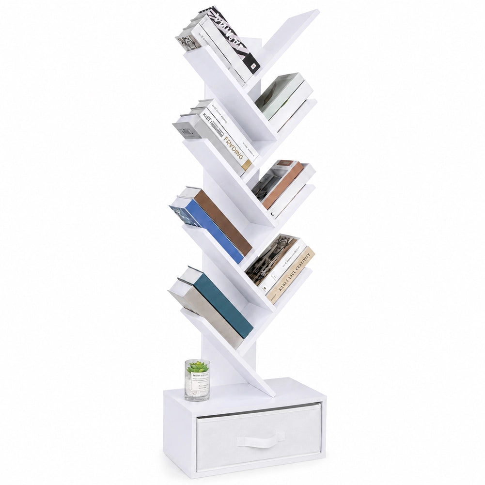 Libreria Design Moderno Bianco Scaffale 10 Ripiani con Cassetto Tessuto