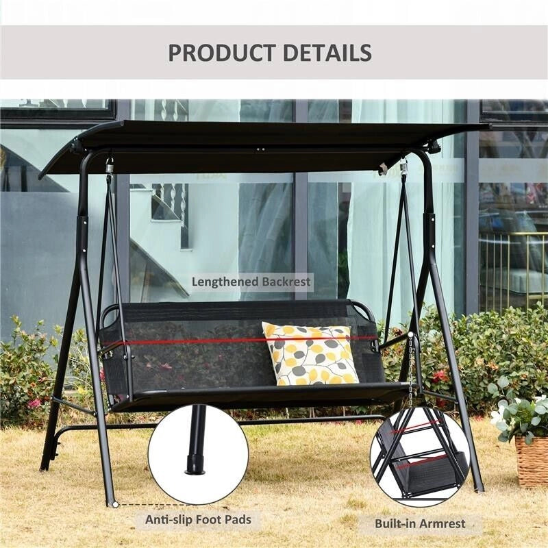 DONDOLO DA GIARDINO TERRAZZA 3 POSTI CON TETTUCCIO PARASOLE REGOLABILE, METALLO E TEXTILENE NERO 172X110X155CM