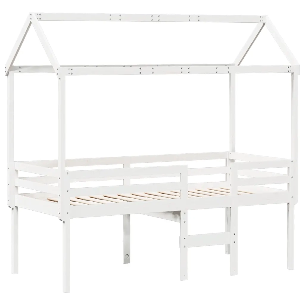 Letto singolo | Letto per adulti | Letto a Soppalco con Tetto Bianco 90x200 cm in Legno di Pino