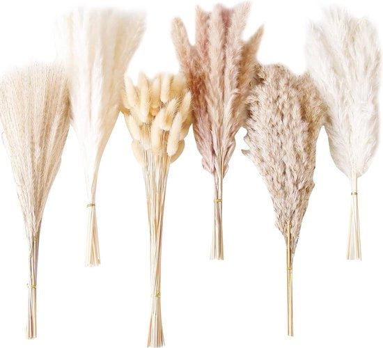 Set di fiori di grano essiccato - 110 pezzi fiori di grano, piume, erba - Bouquet di fiori essiccati pampas - Decorazione naturale per torta, matrimonio, festa di compleanno.