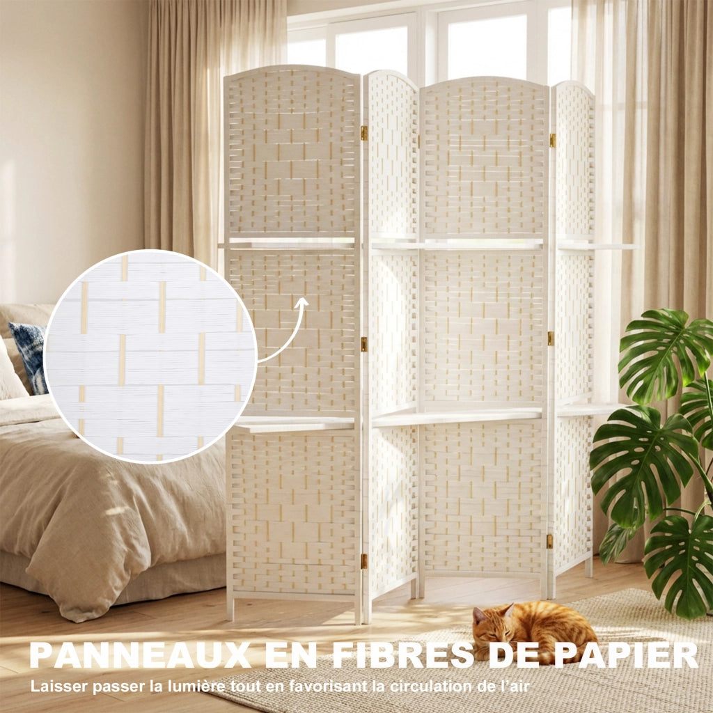Paravento 4 Pannelli con 2 Ripiani ¨C zephmum ¨C Legno Bianco 160x170 cm