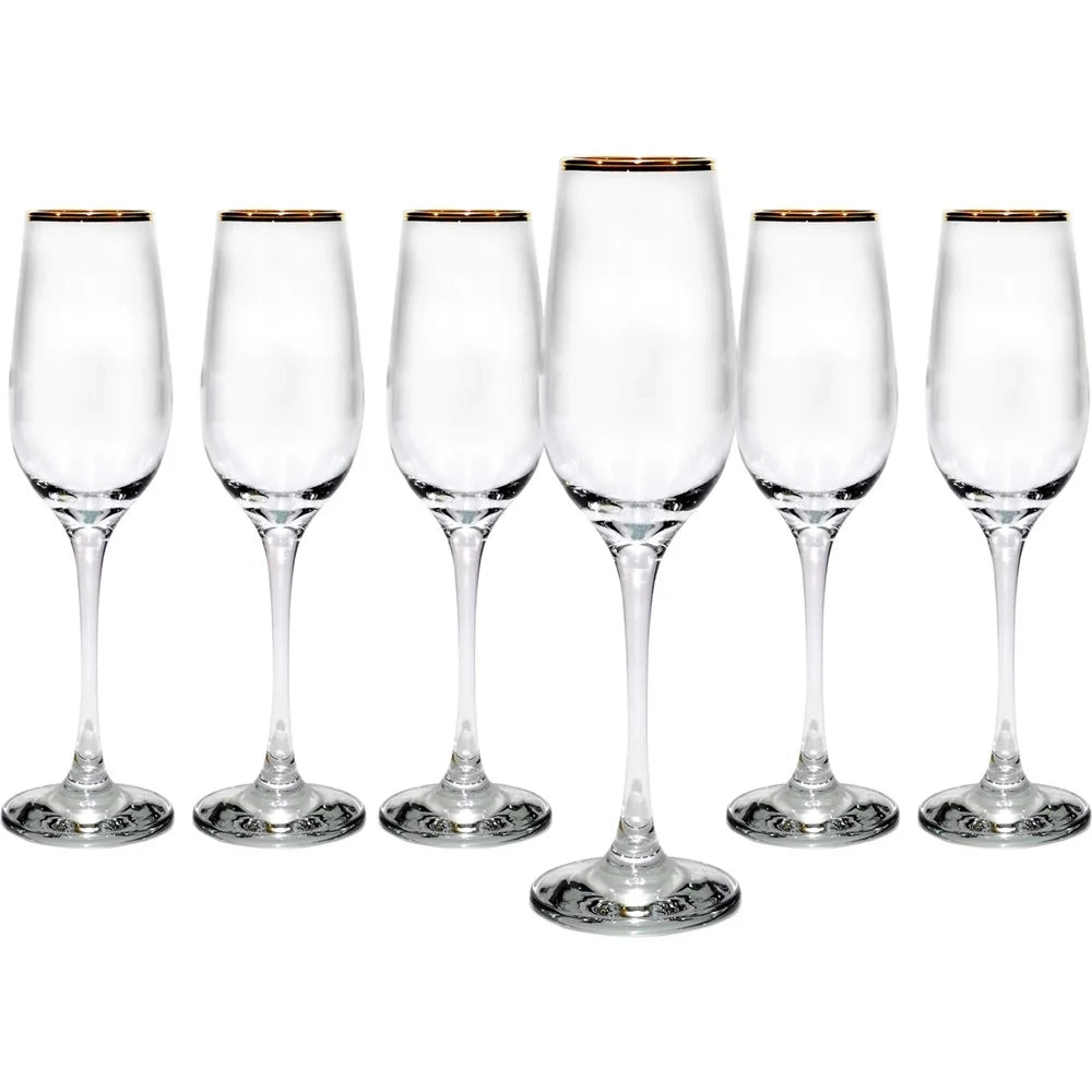 Trade Shop - Set Da 6 Calici Flute In Vetro Con Bordo Superiore Oro Da 20 Cl Per Spumante Champagne -