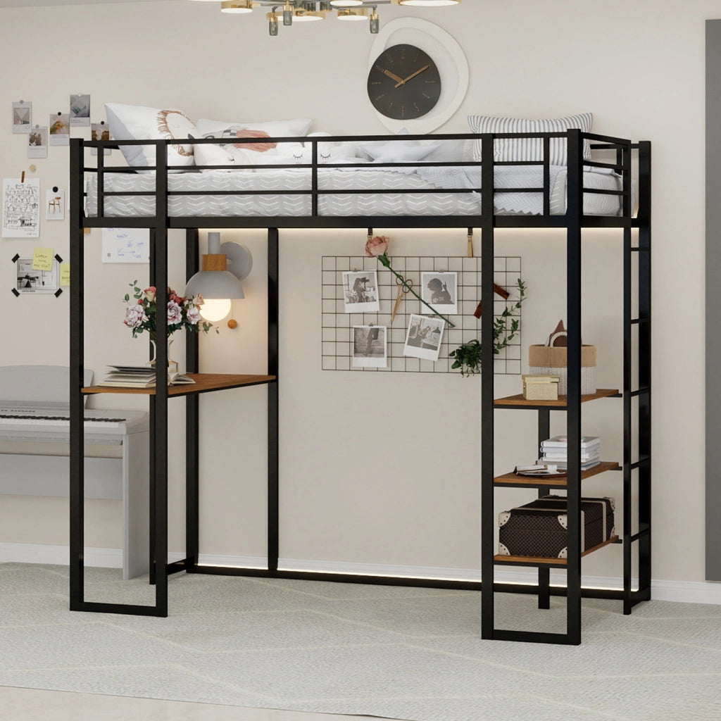 Letto a soppalco singolo 90 × 190 cm con scrivania, scala su 2 lati e barriera, senza materasso, nero
