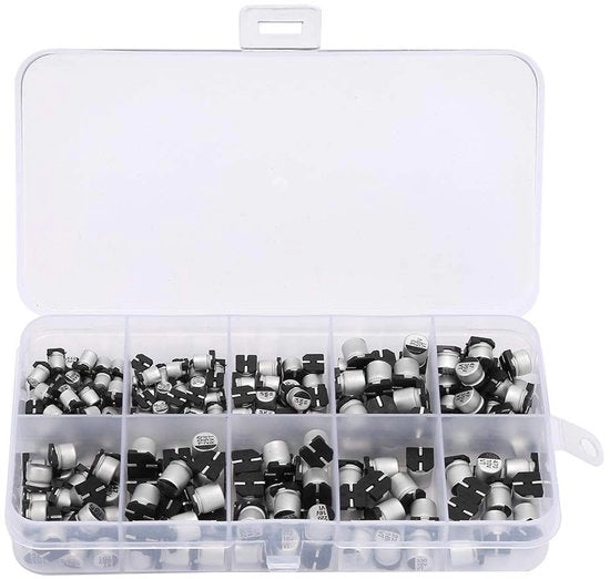 Kit di condensatori elettrolitici - 200 pezzi - Assortimento condensatori - Inclusa scatola di conservazione - 10V a 50V