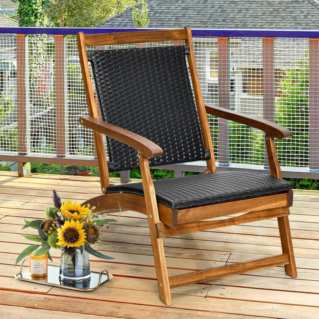 Sedia a Sdraio da Esterno con Poggiapiedi Telescopico, Schienale e Sedile in Rattan, Poltrona Pieghevole con Struttura in Legno Massello per Giardino, Cortile, Portata 160 kg