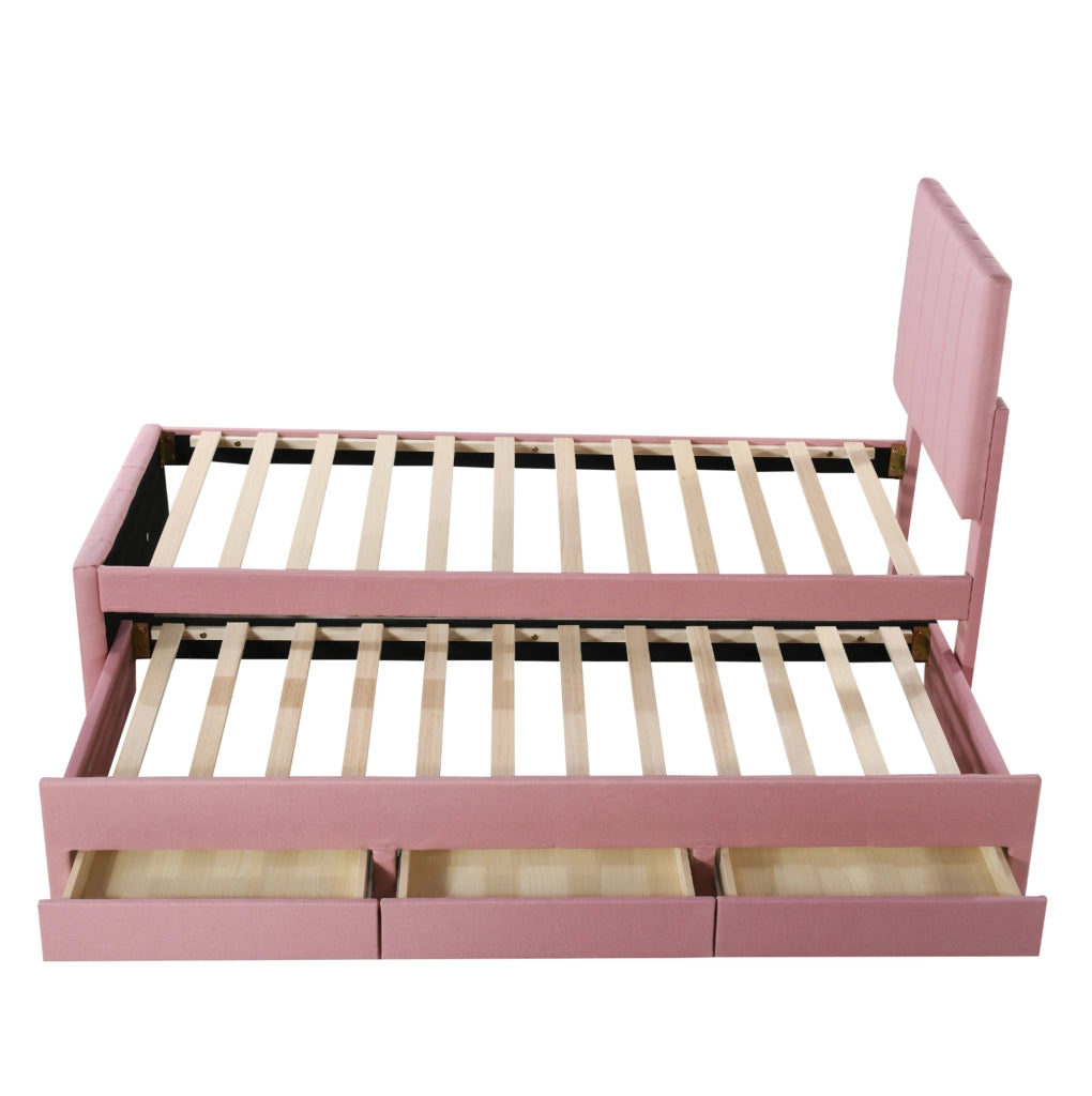 Letto imbottito con letto estraibile e 3 cassetti; 90x200 cm; rosa