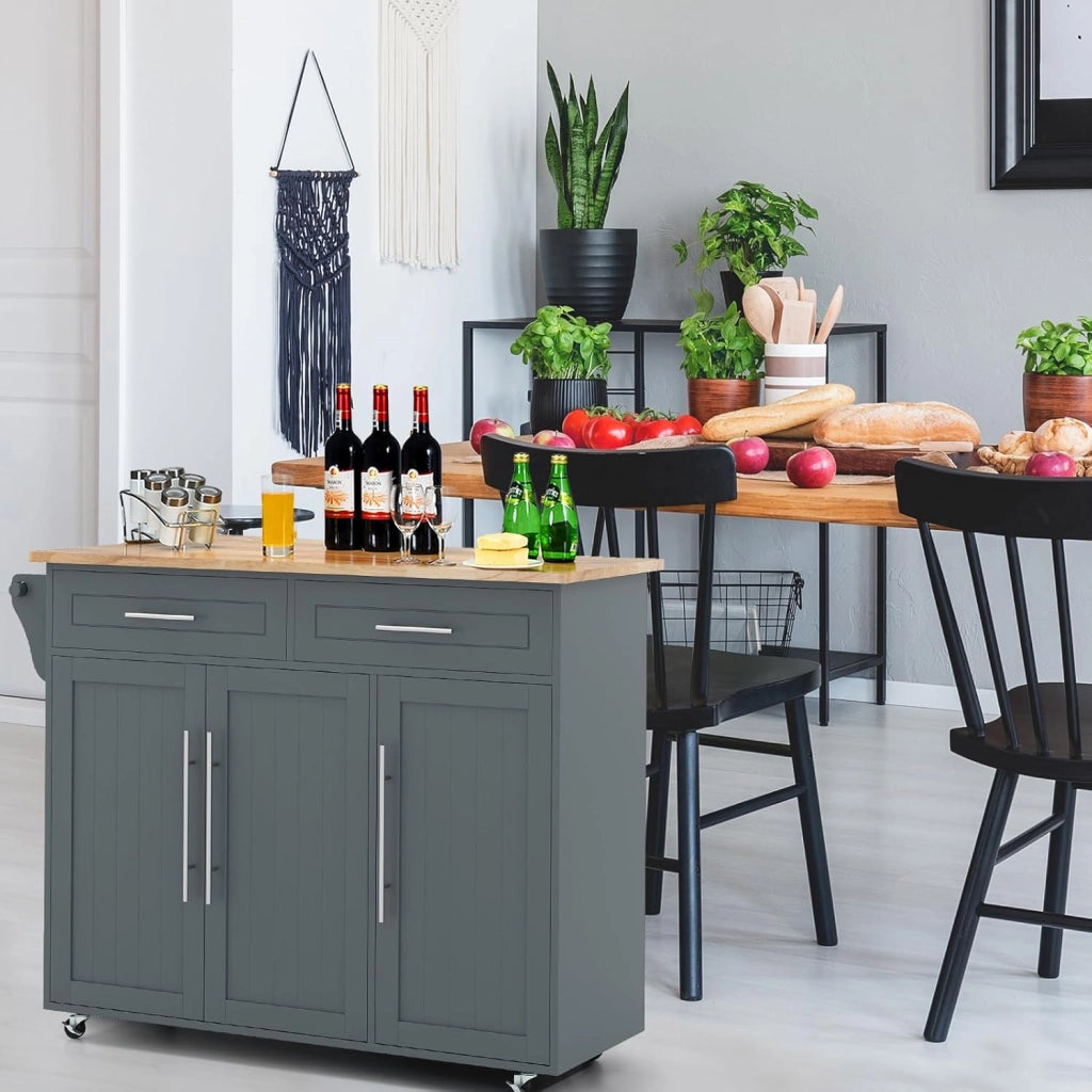 Isola di cucina mobile, carrello da cucina con ruote, 2 cassetti, armadi, portasciugamani e supporto per coltelli, ripiani regolabili, piano di lavoro in legno gomma, 121,5 x 45,5 x 92,5 cm