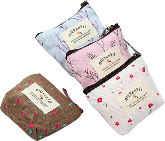 Portamonete per donna con chiusura a cerniera e 4 modelli di portamonete mini in tela - Nero/Caffè - Ideale per monete, carte di credito, carte d'identità e chiavi - Formato S - Disegno floreale