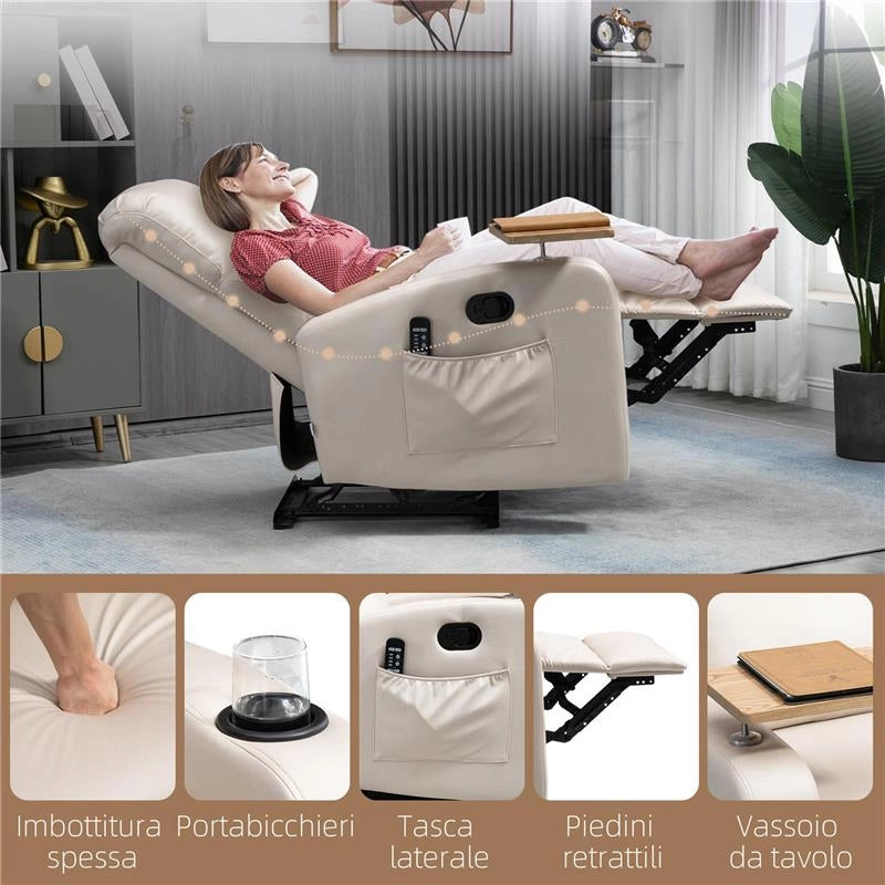 POLTRONA MASSAGGIANTE E RECLINABILE CON POGGIAPIEDI E TELECOMANDO IN MICROFIBRA 77X93X105 CM BEIGE