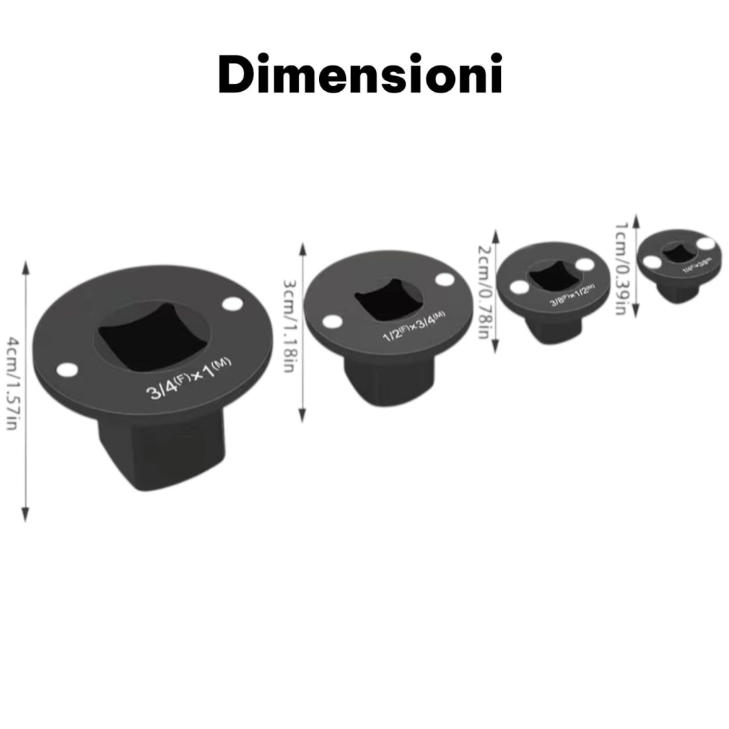 Set 4 Adattatori per Bussole a Basso Profilo 1/4–3/8–1/2–3/4–1 Pollice | FS-42201