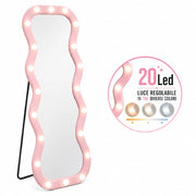 Specchio Grande Ondulato 60x160 cm con 20 Led, Cornice in Velluto Rosa Moderno Accensione Touch