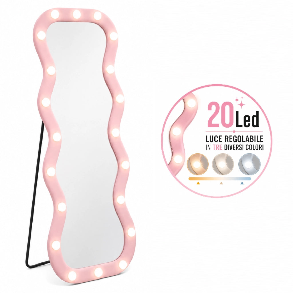 Specchio Grande Ondulato 60x160 cm con 20 Led, Cornice in Velluto Rosa Moderno Accensione Touch
