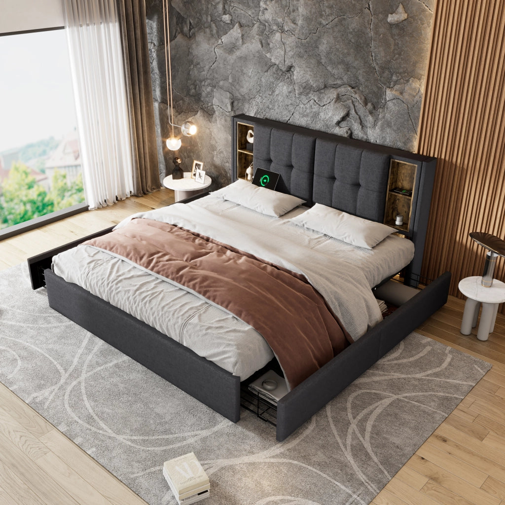 LETTO imbottito 160x200 cm Grigio in lino con ricarica wireless USB-C e materasso incluso