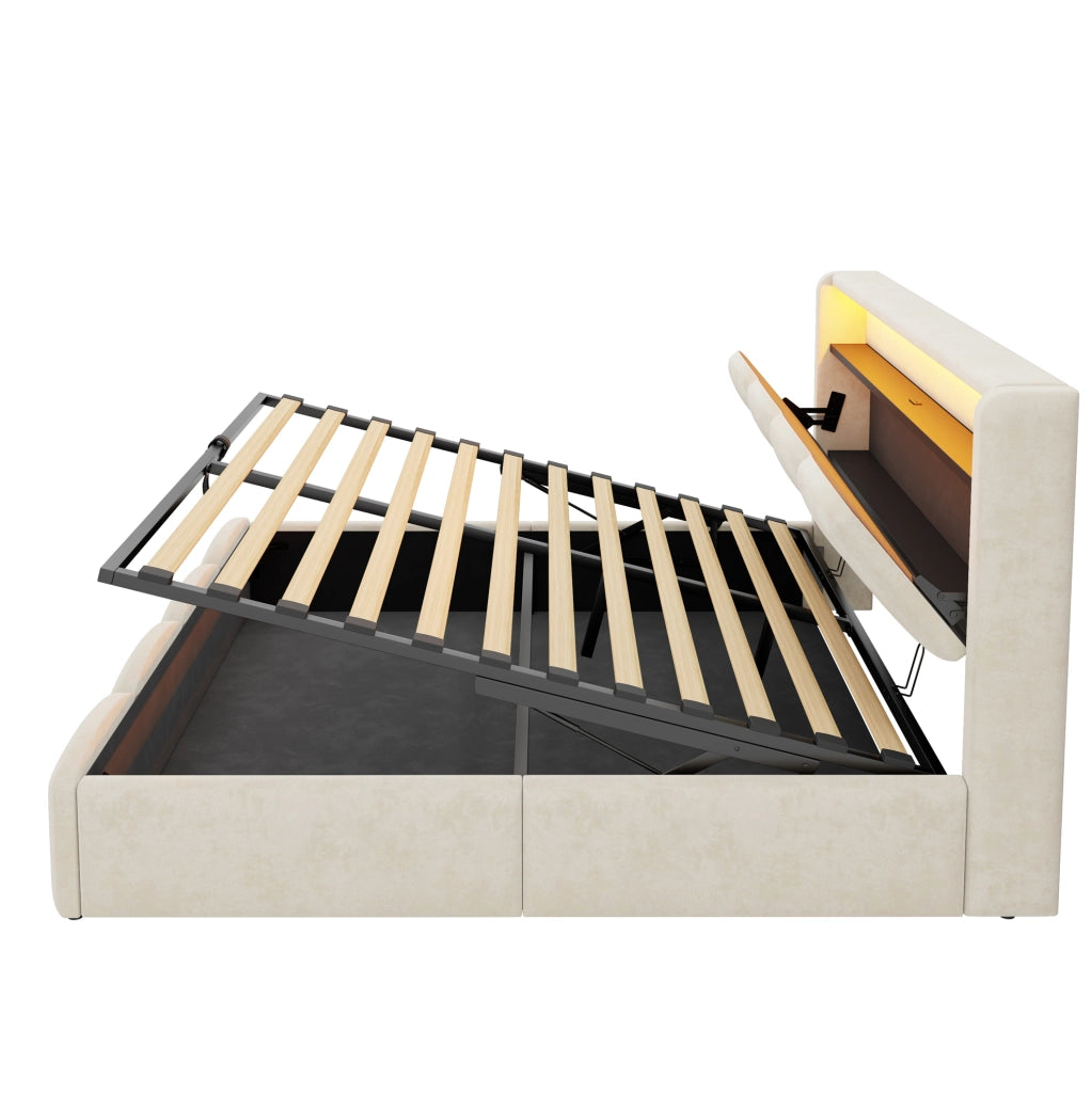 Letto matrimoniale imbottito 140x200 cm in velluto beige con LED; USB e contenitore idraulico