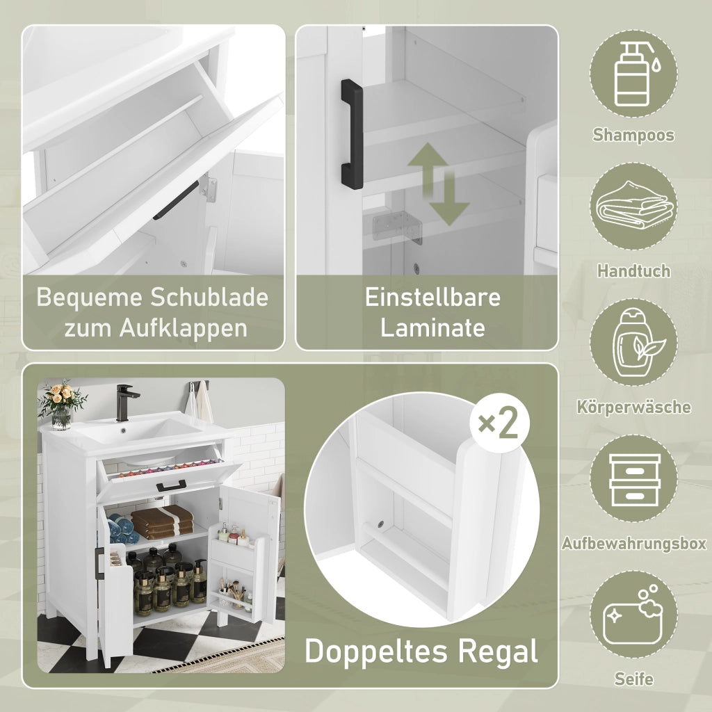 Mobile sottolavabo con lavello in ceramica, 2 ante, cassetto reversibile, ripiani regolabili, bianco 60 × 46 × 84,8 cm