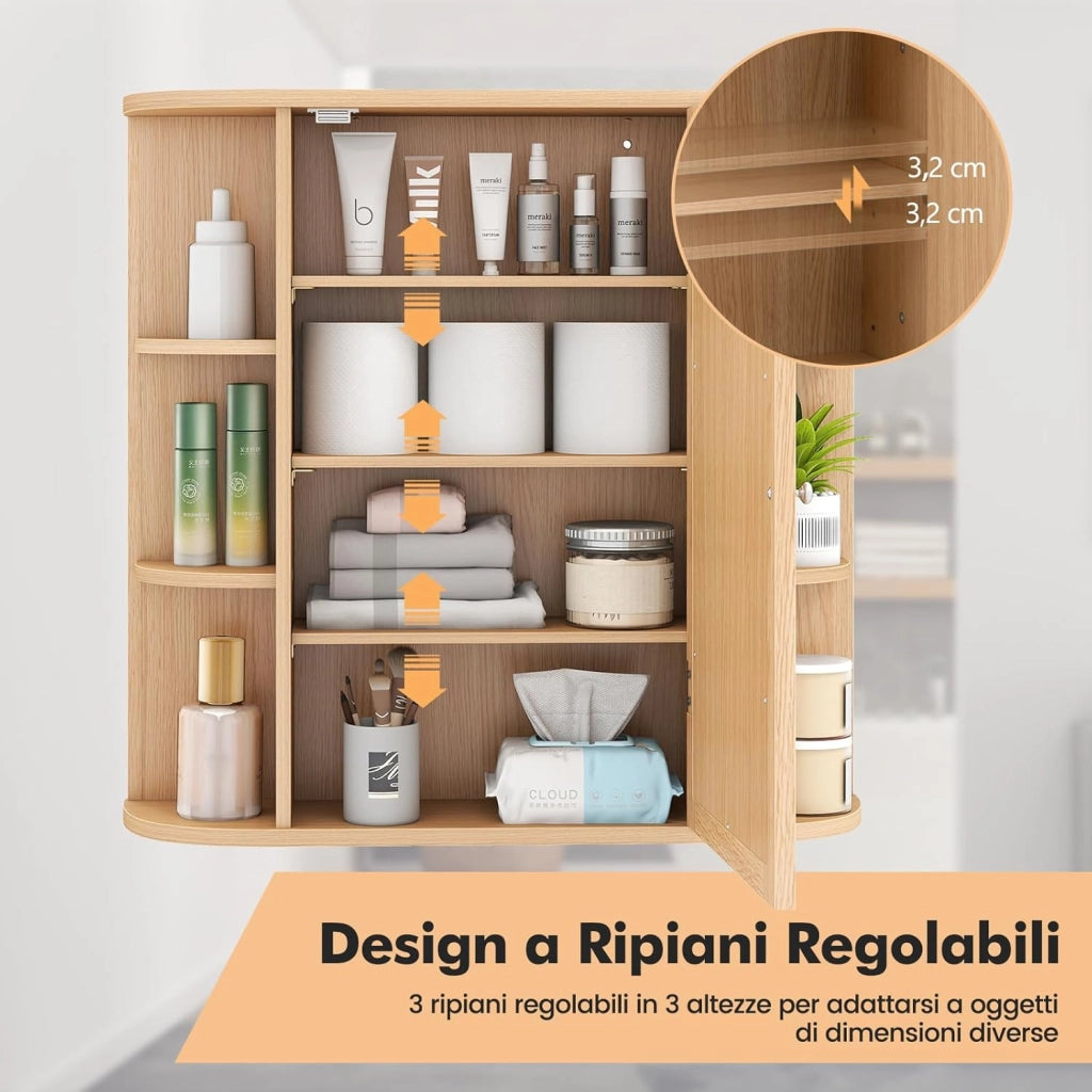 Specchio Bagno Contenitore 66 x 17 x 63 cm, Mobile bagno in Legno Appeso con Mensole Regolabili e Ante, Armadietto Multiuso dei Medicinali per Bagno, Salone e Cucina (Naturale)