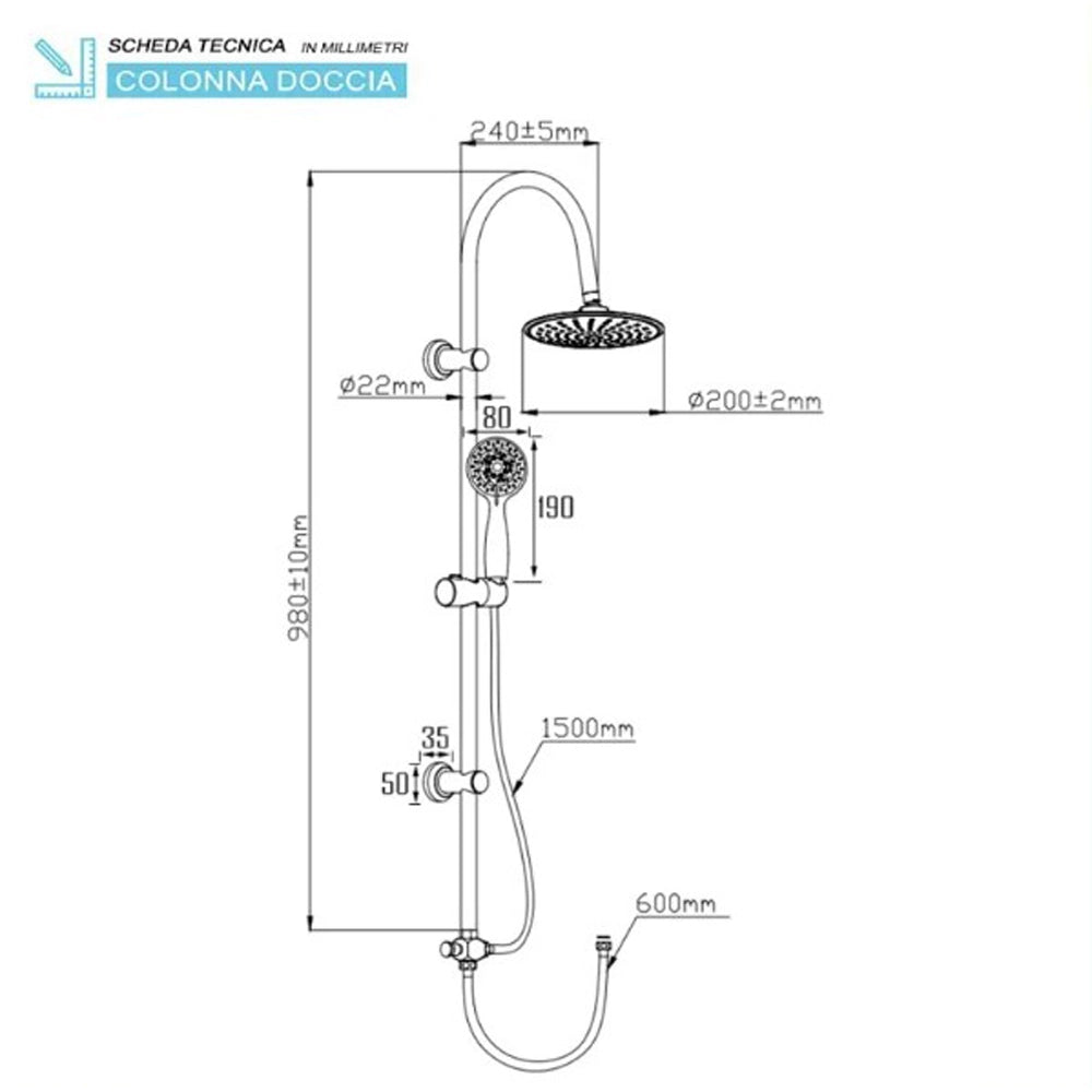 COLONNA DOCCIA IN ACCIAIO H.102cm +SOFFIONE Ø20cm DOCCETTA ABS E LACCIO FERIDRAS 872001