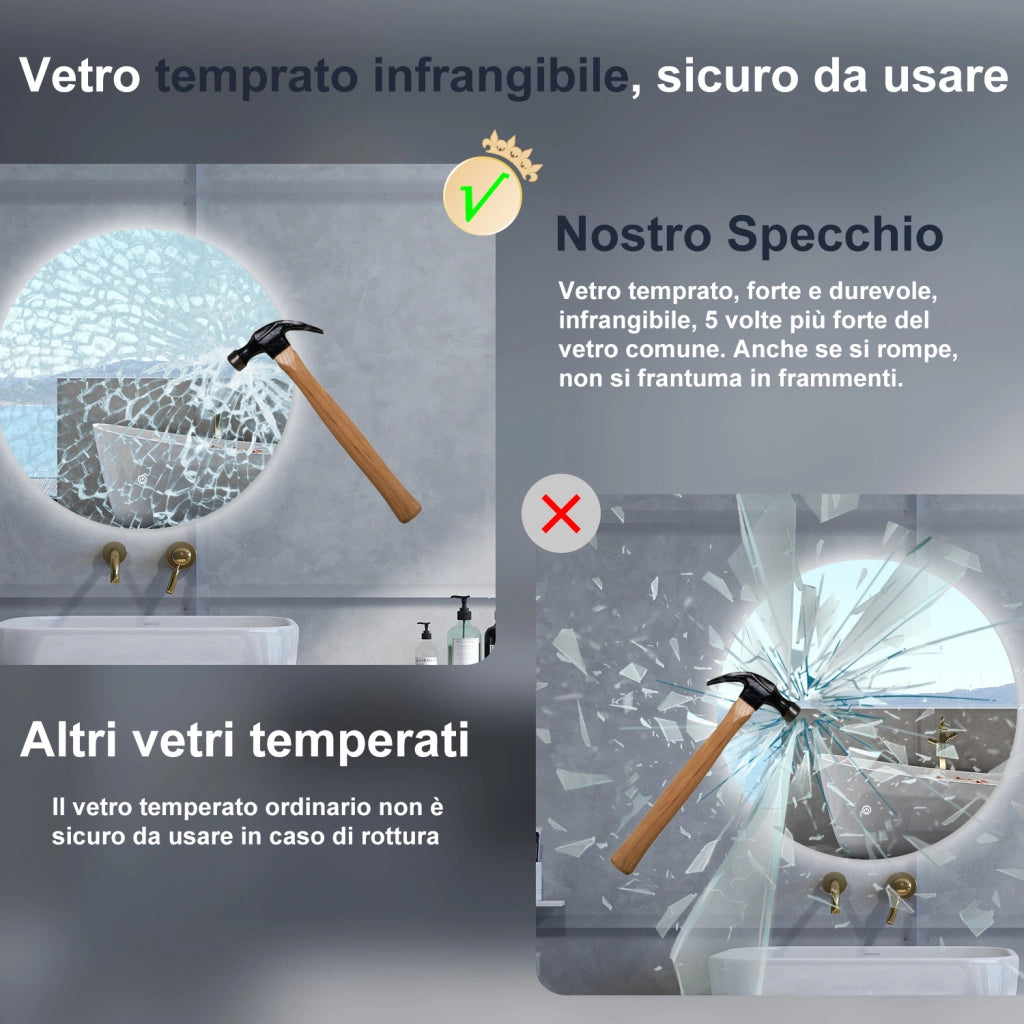 Specchio da bagno Rotondo con 60cm,Memoria, Antifog,Regorabile,Retroilluminato,doppio interruttore,