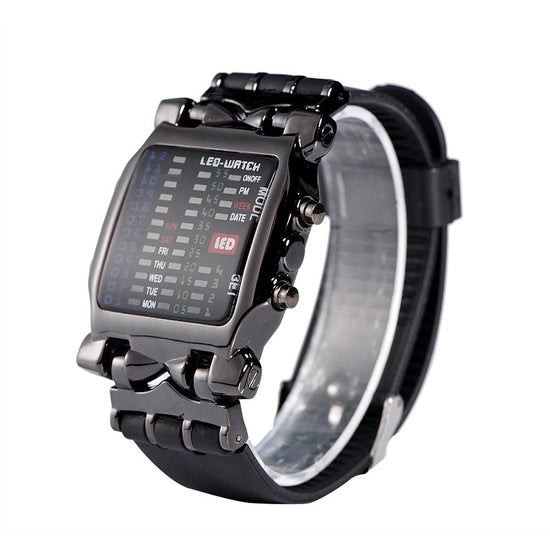 Orologio LED elettronico con quadrante rettangolare e design moda unisex con visualizzazione data e settimana.