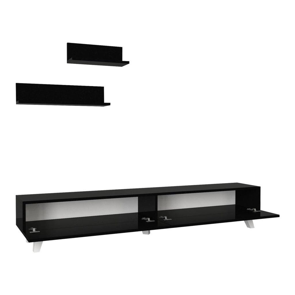 Set di Mobile TV e 2 Mensole da Muro Armadietto Porta TV 180 cm con 2 Ante a Ribalta e Mensole a Forma di L Lunghezze Diverse - Nero [en.casa]