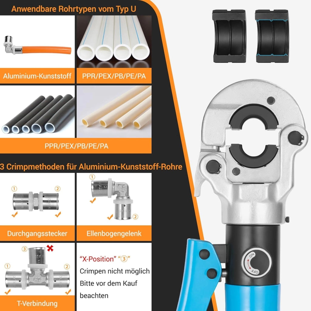 Crimpatrice Multistrato,Pressatrice Multistrato,Pinza Crimpatrice Idraulica con Testa Rotante a 360°,Tubo Composito Press pinza per tubo plastica e alluminio,Set di pinze per tubi a U16-20-25-32